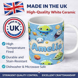Personalized Custom Name Space Astronaut Alien UFO Planets Meteors Stars Seamless Blue 11oz Ceramic Coffee Tea Mug White Large Handle