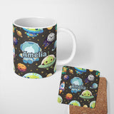 Personalized Custom Name Space Astronaut Alien UFO Planets Meteor Stars Seamless Dark Brown 11oz Ceramic Coffee Tea Mug White Large Handle