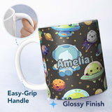 Personalized Custom Name Space Astronaut Alien UFO Planets Meteor Stars Seamless Dark Brown 11oz Ceramic Coffee Tea Mug White Large Handle
