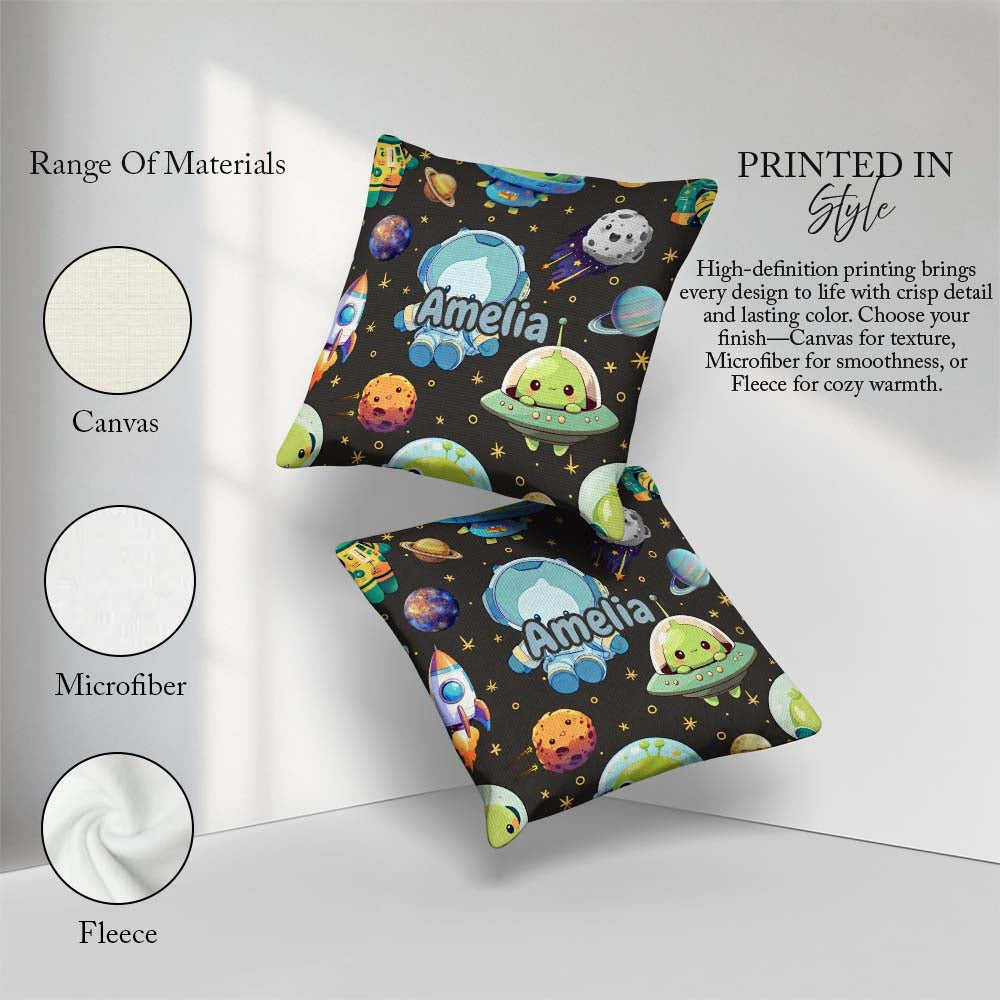 Custom Name Space Astronaut Alien UFO Meteor Stars Seamless Dark Square Filled Cushion Throw Pillow Sofa Bed Home Decor Zip Washable UK Made