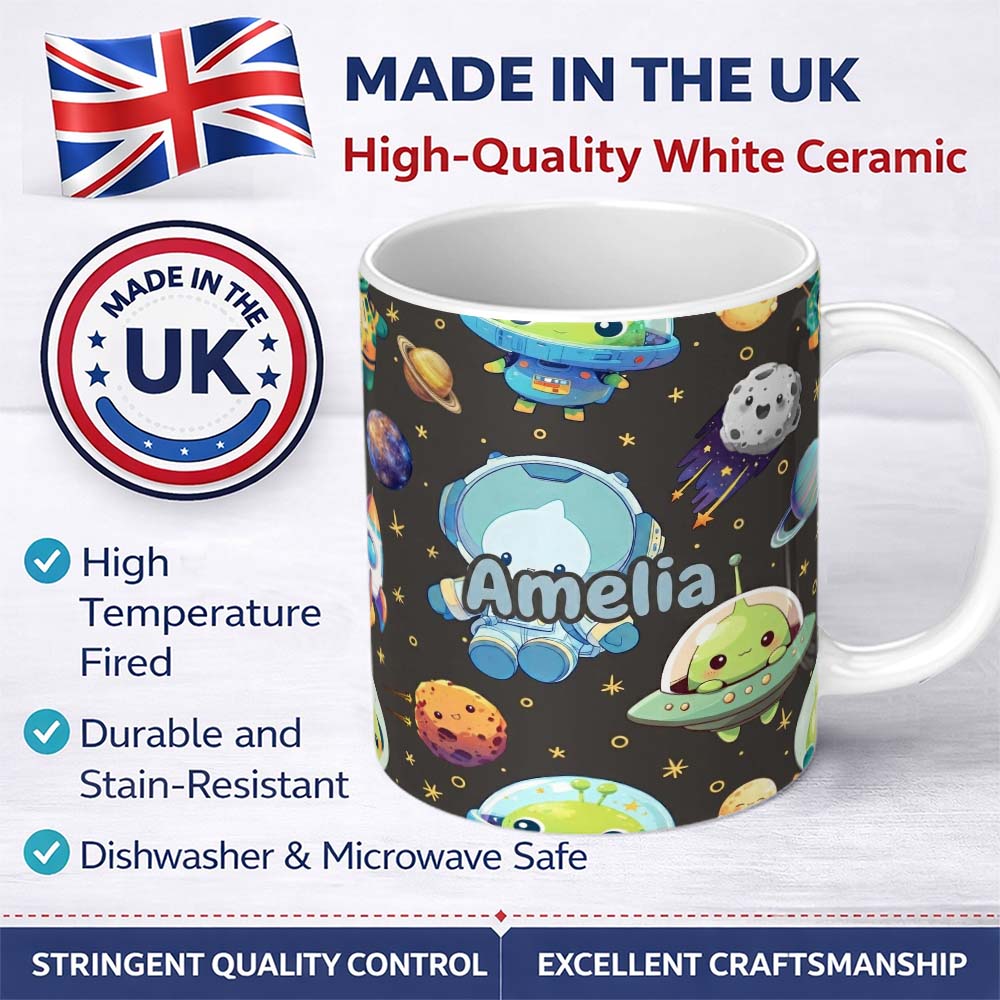 Personalized Custom Name Space Astronaut Alien UFO Planets Meteor Stars Seamless Dark Brown 11oz Ceramic Coffee Tea Mug White Large Handle