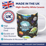 Personalized Custom Name Space Astronaut Alien UFO Planets Meteor Stars Seamless Dark Brown 11oz Ceramic Coffee Tea Mug White Large Handle