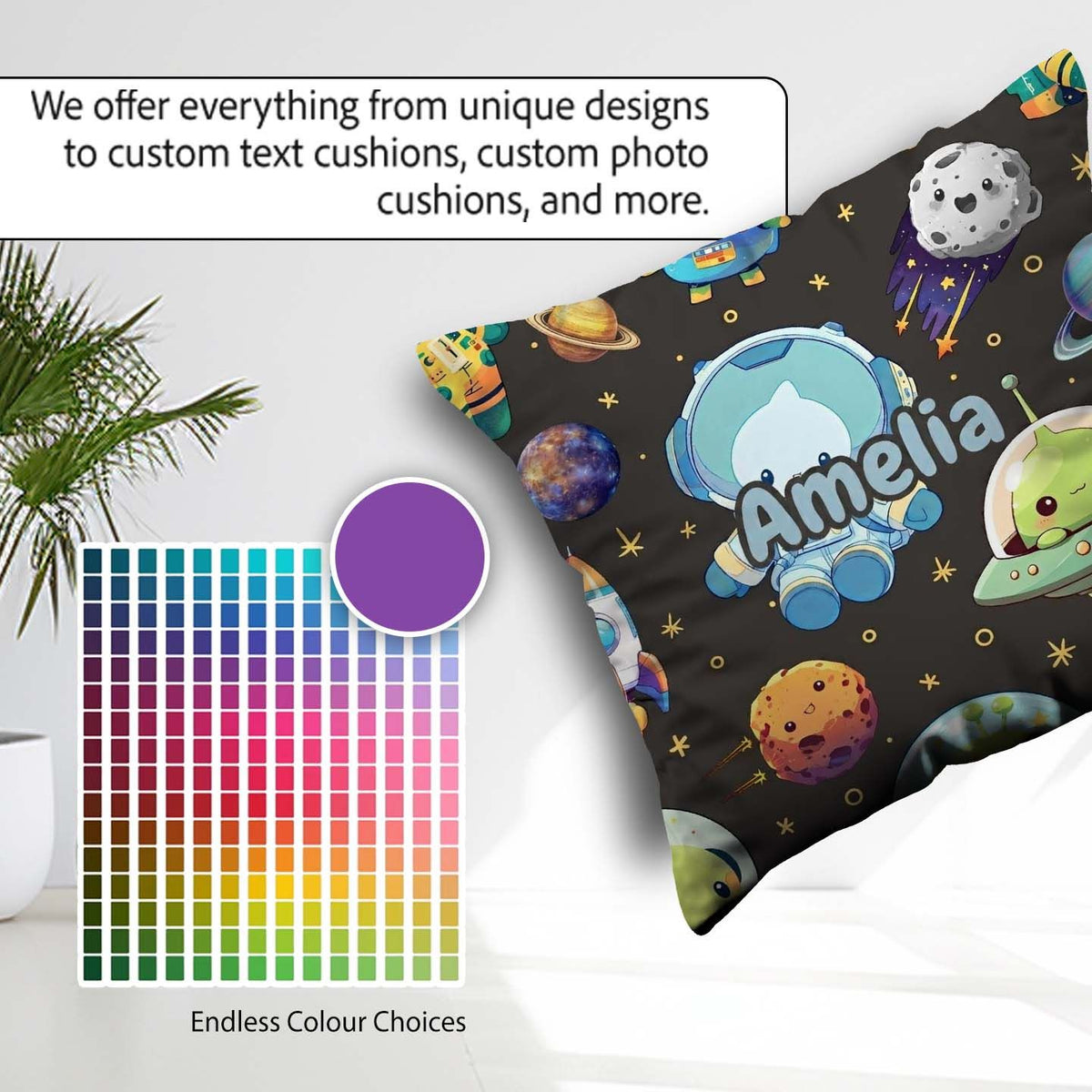 Custom Name Space Astronaut Alien UFO Meteor Stars Seamless Dark Square Filled Cushion Throw Pillow Sofa Bed Home Decor Zip Washable UK Made