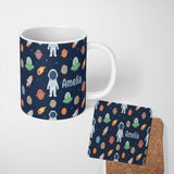 Personalized Custom Name Space Astronaut Alien UFO Planets Meteors Stars Seamless Navy 11oz Ceramic Coffee Tea Mug White Large Handle