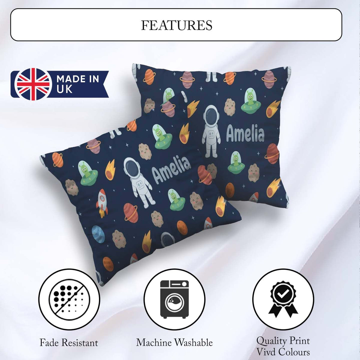 Custom Name Space Astronaut Alien UFO Planets Meteors Stars Navy Square Filled Cushion Throw Pillow Sofa Bed Home Decor Zip Washable UK Made