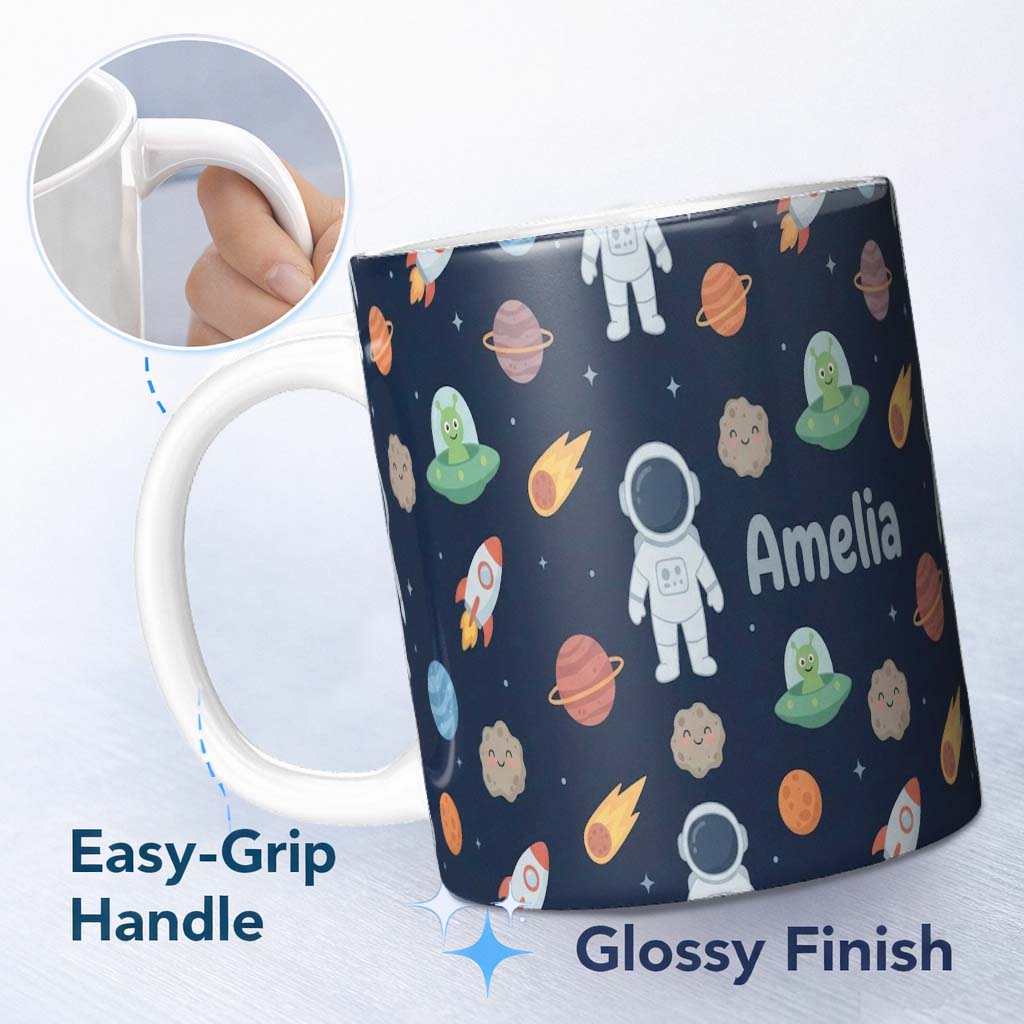 Personalized Custom Name Space Astronaut Alien UFO Planets Meteors Stars Seamless Navy 11oz Ceramic Coffee Tea Mug White Large Handle