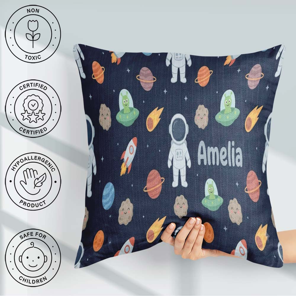 Custom Name Space Astronaut Alien UFO Planets Meteors Stars Navy Square Filled Cushion Throw Pillow Sofa Bed Home Decor Zip Washable UK Made