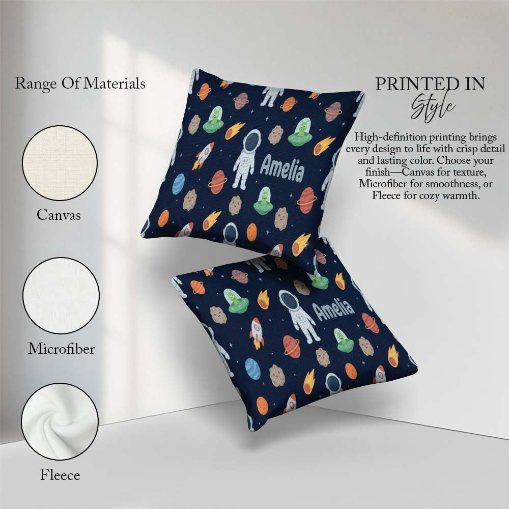 Custom Name Space Astronaut Alien UFO Planets Meteors Stars Navy Square Filled Cushion Throw Pillow Sofa Bed Home Decor Zip Washable UK Made