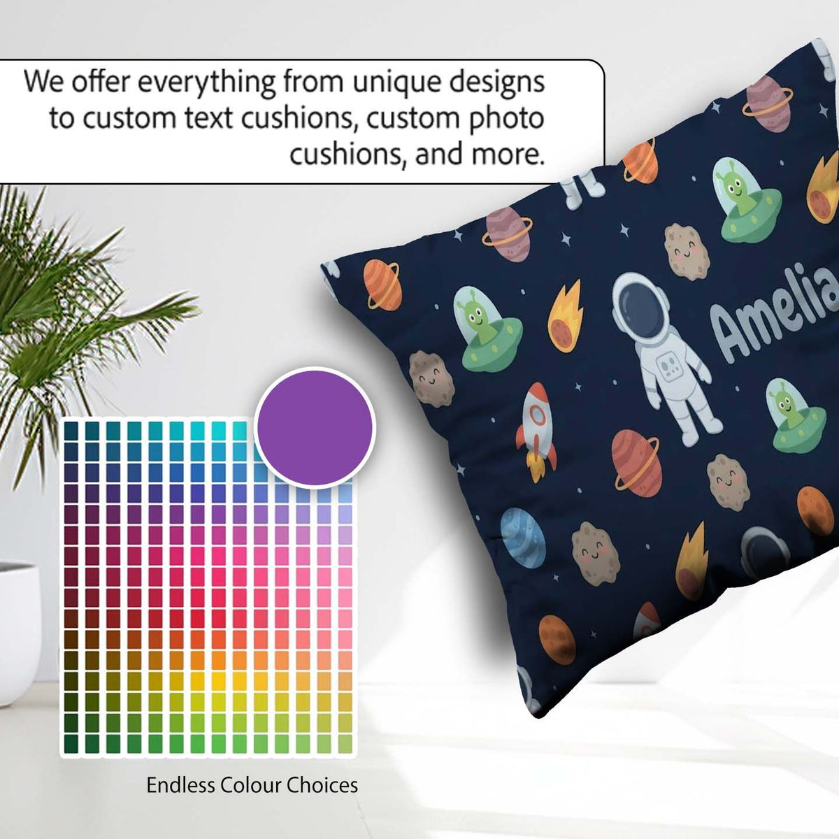 Custom Name Space Astronaut Alien UFO Planets Meteors Stars Navy Square Filled Cushion Throw Pillow Sofa Bed Home Decor Zip Washable UK Made