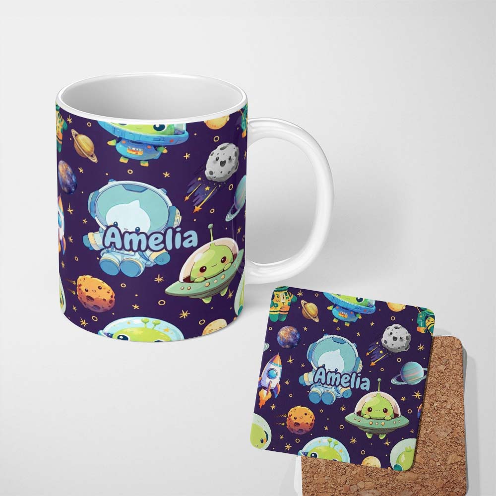 Personalized Custom Name Space Astronaut Alien UFO Planets Meteors Stars Seamless Purple 11oz Ceramic Coffee Tea Mug White Large Handle