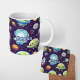 Personalized Custom Name Space Astronaut Alien UFO Planets Meteors Stars Seamless Purple 11oz Ceramic Coffee Tea Mug White Large Handle