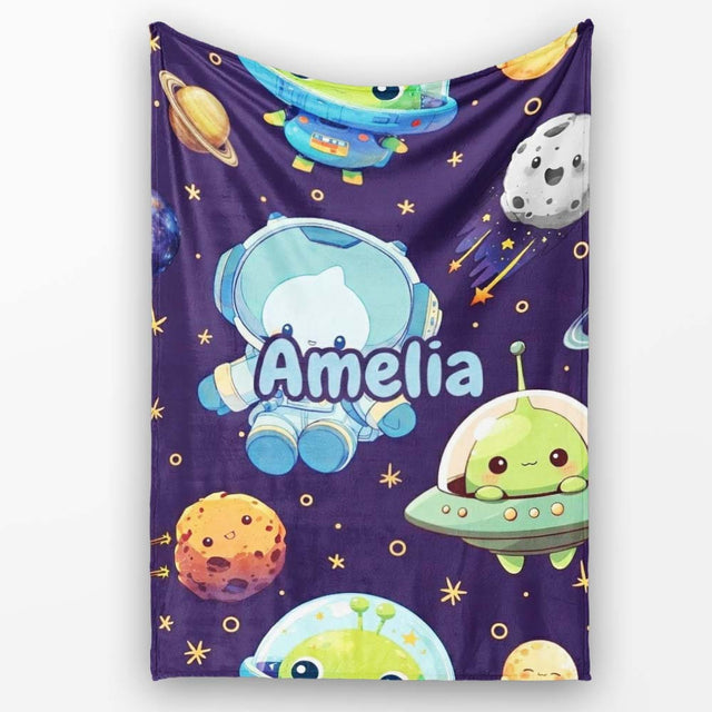 Space Astronaut Alien UFO Planets Meteors Stars Seamless Purple  Personalised Custom Name Super Soft Fleece Blanket Bed Sofa Throw