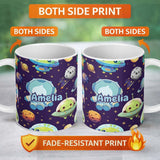 Personalized Custom Name Space Astronaut Alien UFO Planets Meteors Stars Seamless Purple 11oz Ceramic Coffee Tea Mug White Large Handle