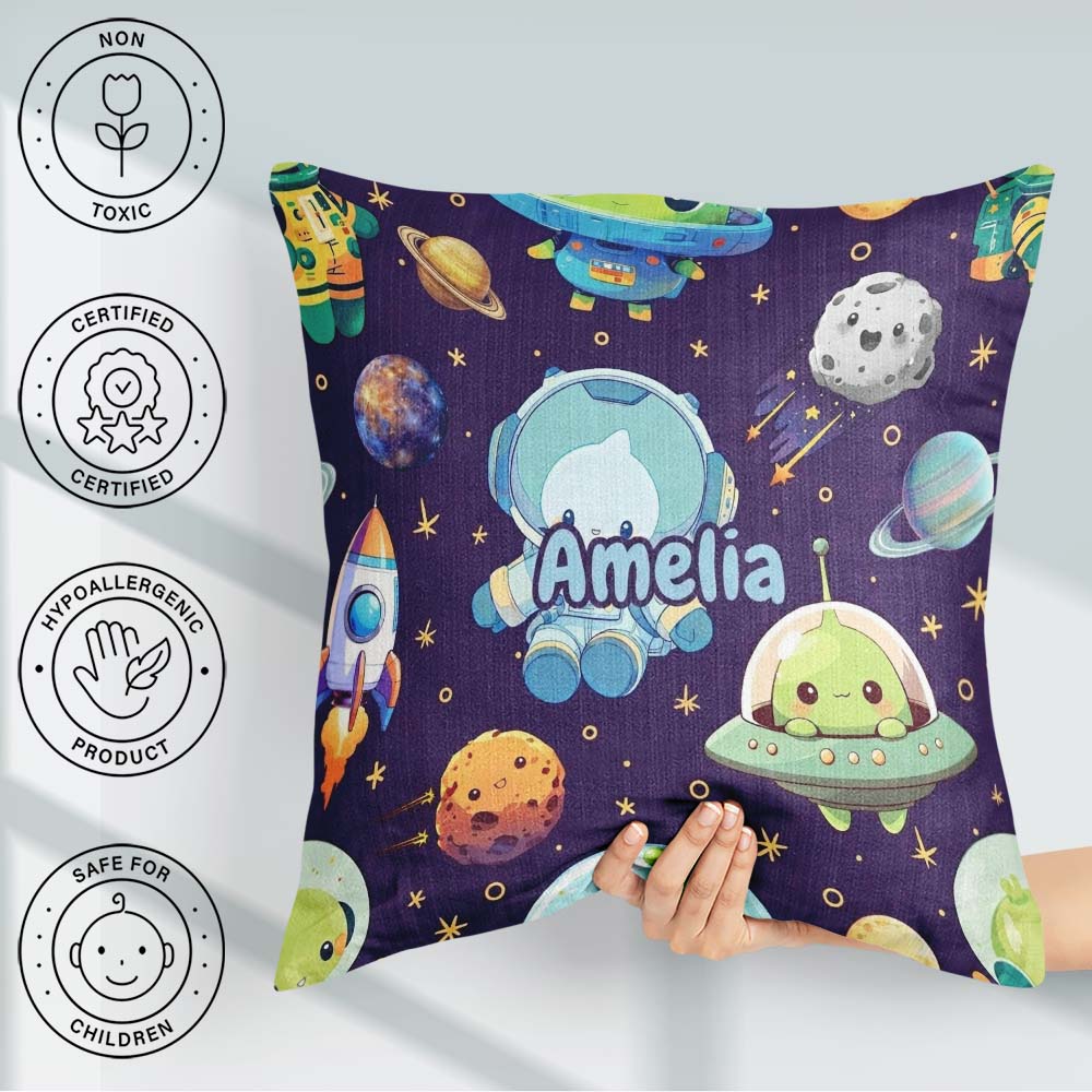 Custom Name Space Astronaut Alien Planets Meteors Stars Seamless Square Filled Cushion Throw Pillow Sofa Bed Home Decor Zip Washable UK Made