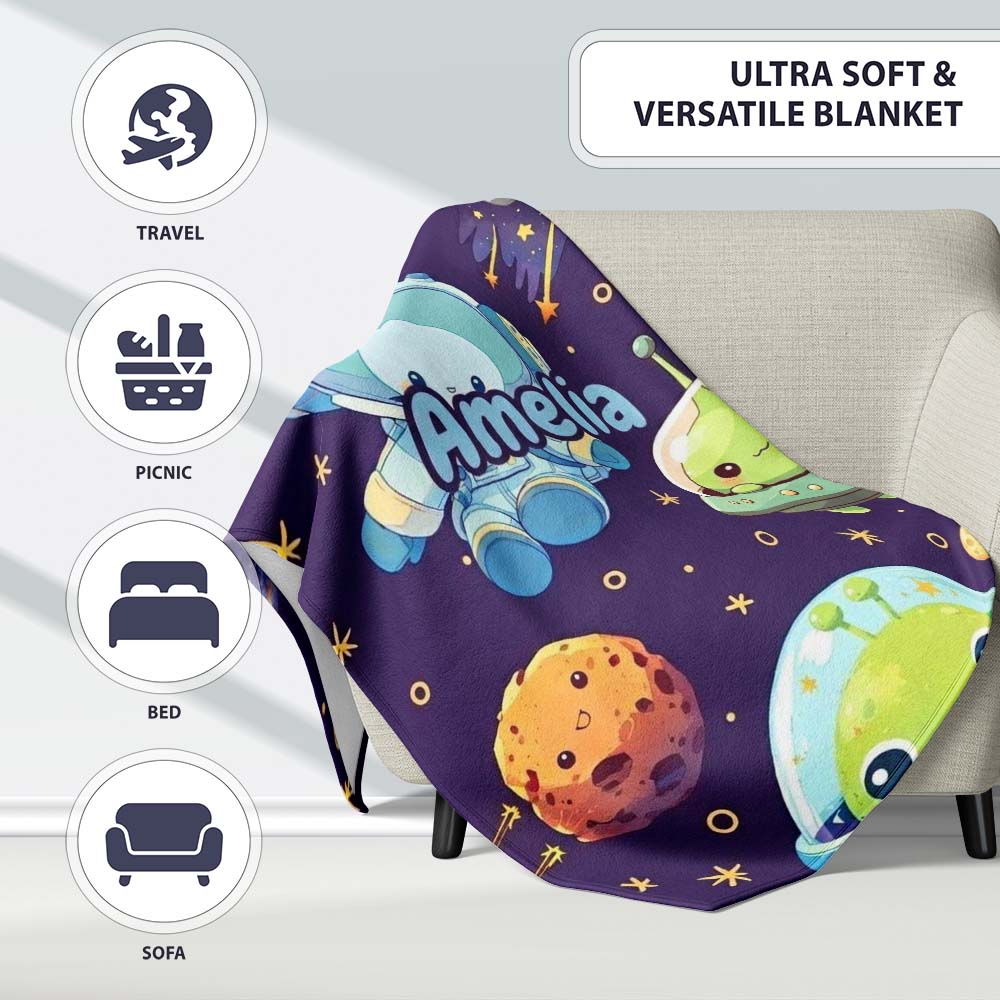 Space Astronaut Alien UFO Planets Meteors Stars Seamless Purple  Personalised Custom Name Super Soft Fleece Blanket Bed Sofa Throw