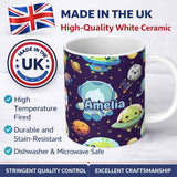 Personalized Custom Name Space Astronaut Alien UFO Planets Meteors Stars Seamless Purple 11oz Ceramic Coffee Tea Mug White Large Handle