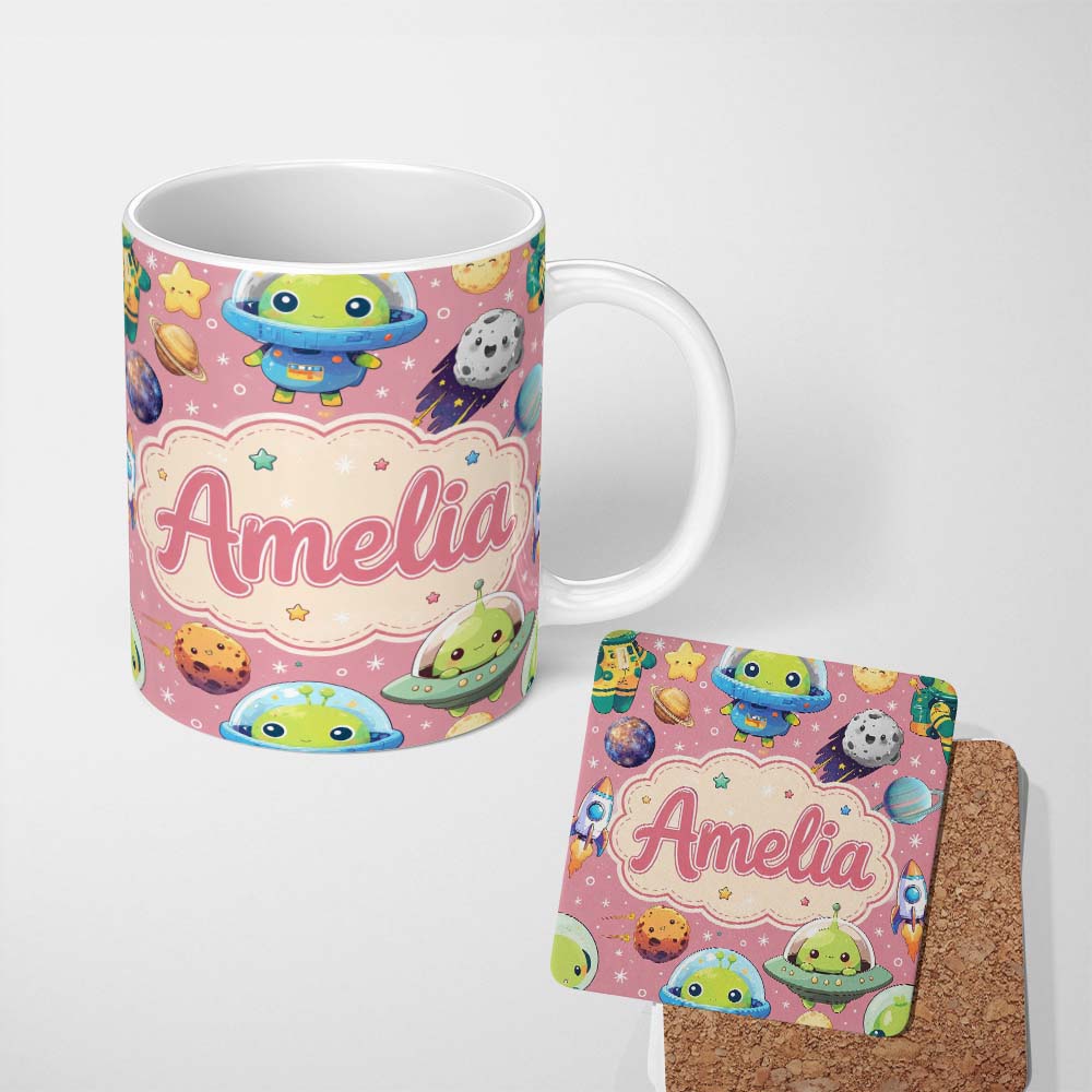 Personalized Custom Name Space Astronaut Alien UFO Planets Meteors Stars Seamless Pink 11oz Ceramic Coffee Tea Mug White Large Handle