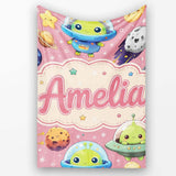 Space Astronaut Alien UFO Planets Meteors Stars Seamless Pink  Personalised Custom Name Super Soft Fleece Blanket Bed Sofa Throw