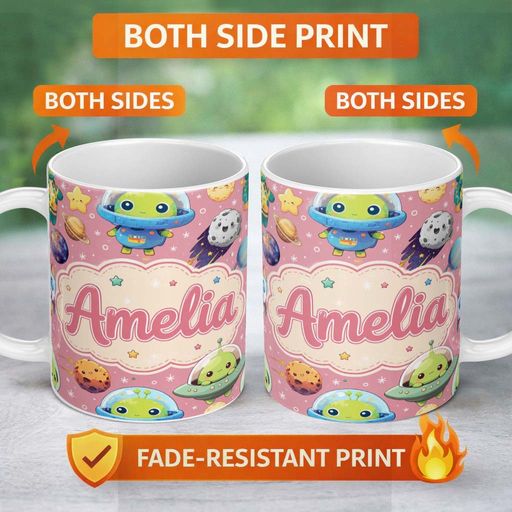 Personalized Custom Name Space Astronaut Alien UFO Planets Meteors Stars Seamless Pink 11oz Ceramic Coffee Tea Mug White Large Handle