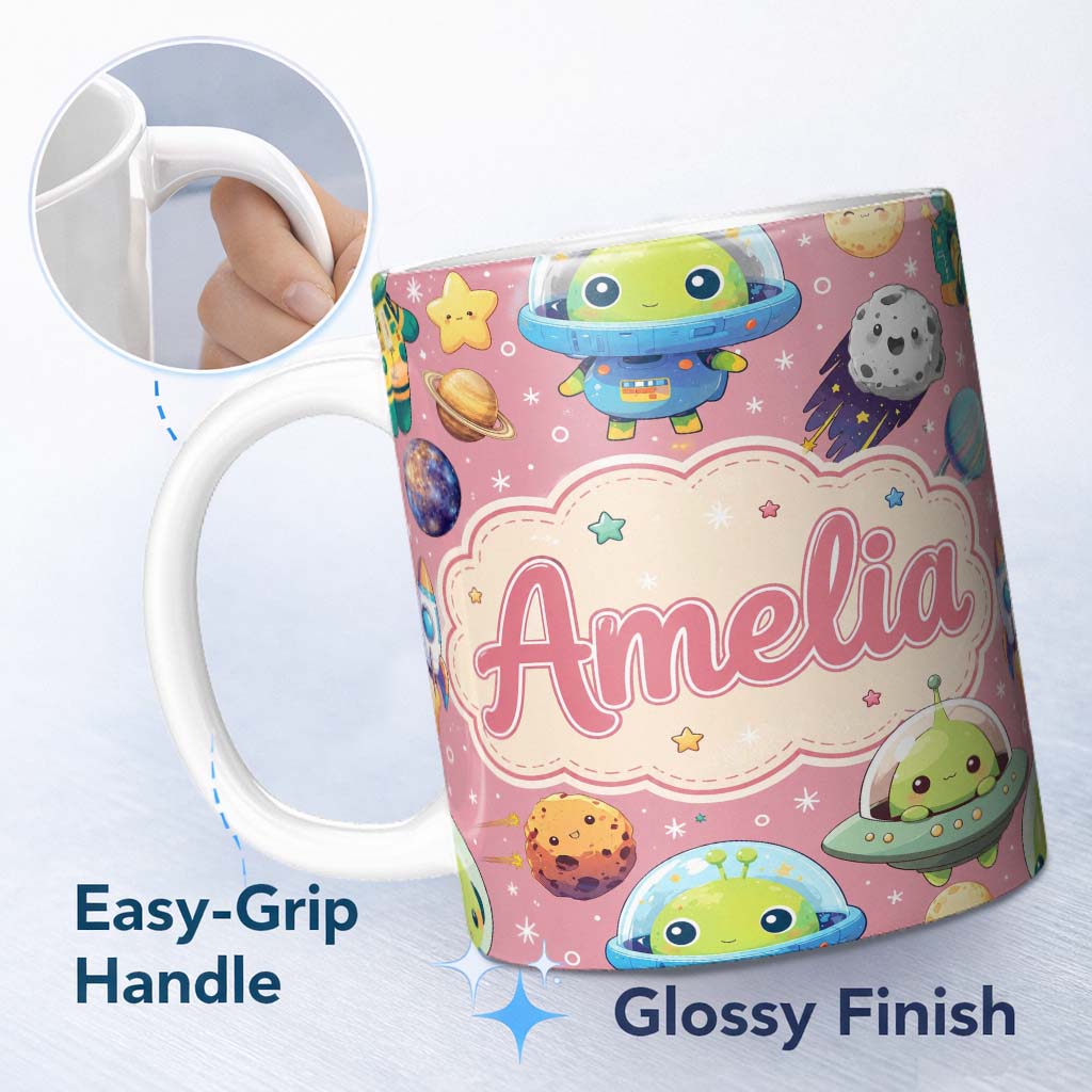 Personalized Custom Name Space Astronaut Alien UFO Planets Meteors Stars Seamless Pink 11oz Ceramic Coffee Tea Mug White Large Handle