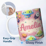 Personalized Custom Name Space Astronaut Alien UFO Planets Meteors Stars Seamless Pink 11oz Ceramic Coffee Tea Mug White Large Handle