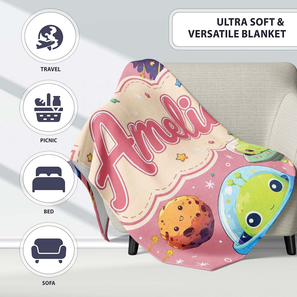 Space Astronaut Alien UFO Planets Meteors Stars Seamless Pink  Personalised Custom Name Super Soft Fleece Blanket Bed Sofa Throw