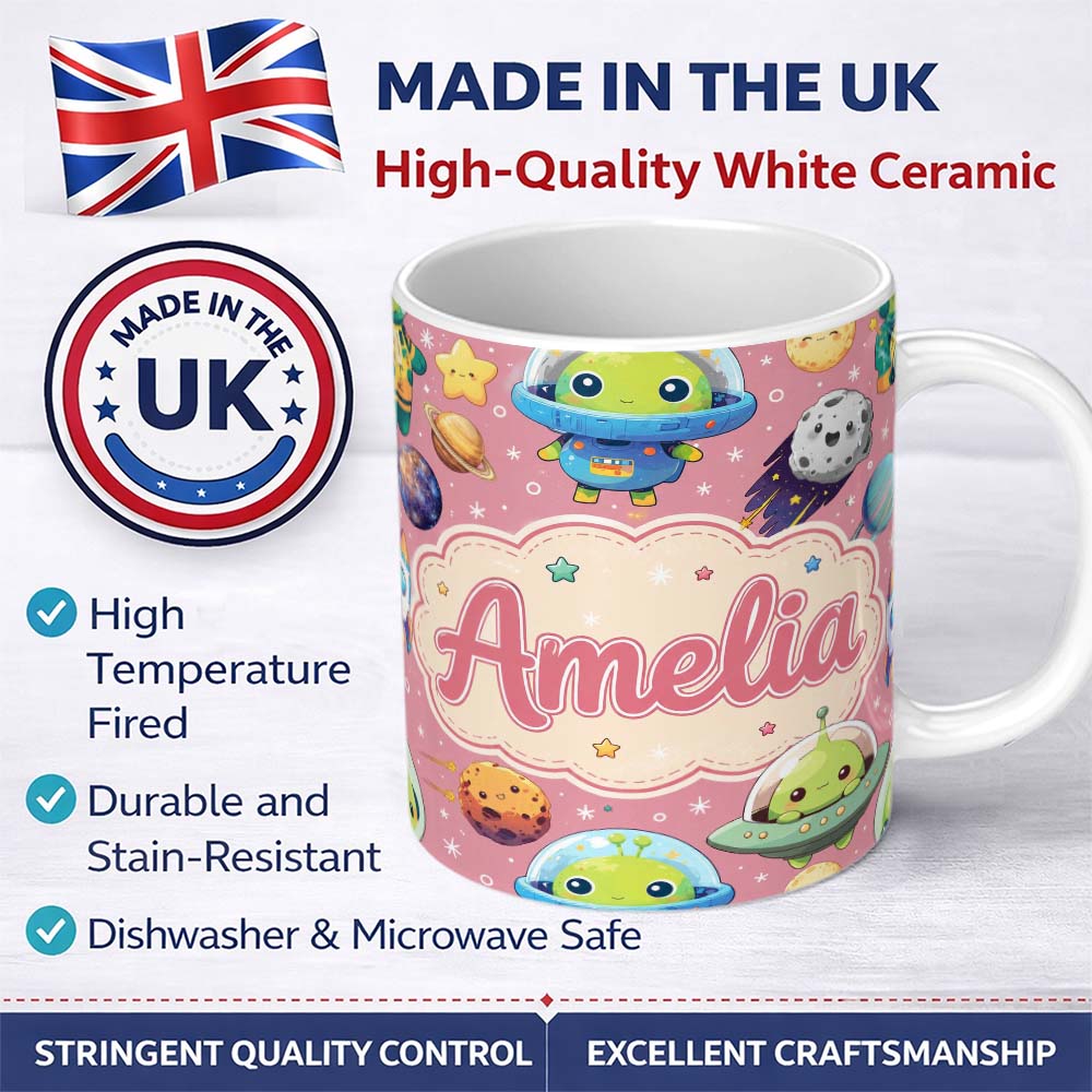 Personalized Custom Name Space Astronaut Alien UFO Planets Meteors Stars Seamless Pink 11oz Ceramic Coffee Tea Mug White Large Handle
