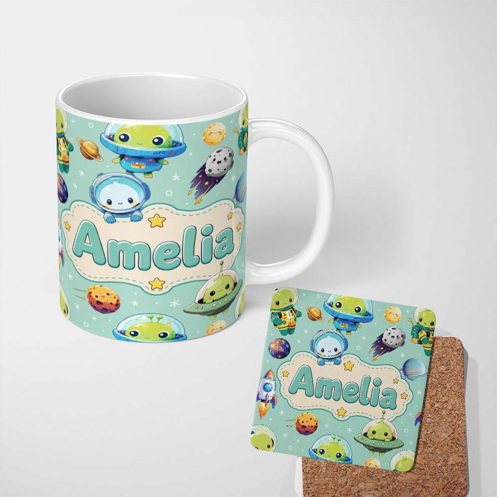 Personalized Custom Name Space Astronaut Alien UFO Planets Meteors Stars Seamless Mint 11oz Ceramic Coffee Tea Mug White Large Handle