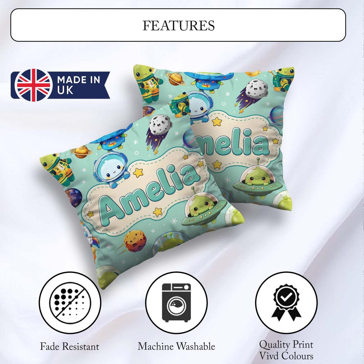 Custom Name Space Astronaut Alien UFO Planets Meteors Stars Mint Square Filled Cushion Throw Pillow Sofa Bed Home Decor Zip Washable UK Made