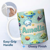 Personalized Custom Name Space Astronaut Alien UFO Planets Meteors Stars Seamless Mint 11oz Ceramic Coffee Tea Mug White Large Handle
