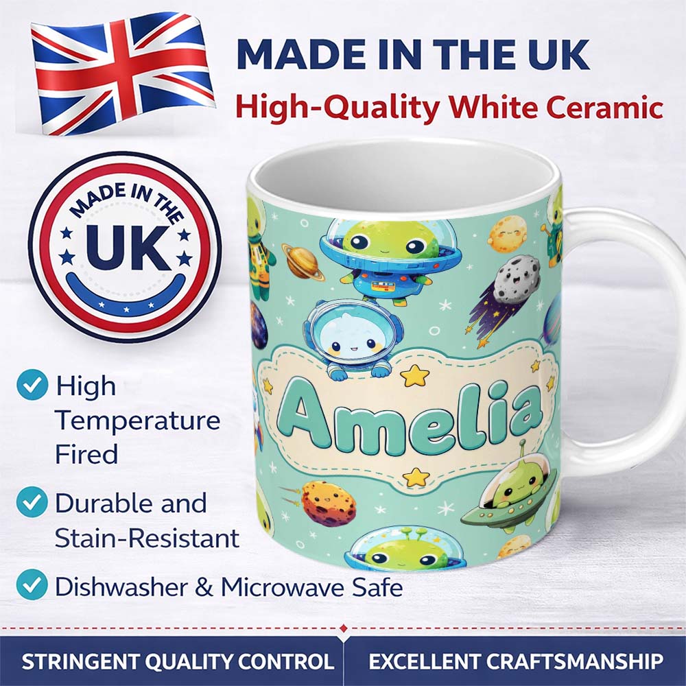 Personalized Custom Name Space Astronaut Alien UFO Planets Meteors Stars Seamless Mint 11oz Ceramic Coffee Tea Mug White Large Handle
