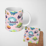 Personalized Custom Name Space Astronaut Alien UFO Planets Meteors Stars Seamless Soft Pink 11oz Ceramic Coffee Tea Mug White Large Handle
