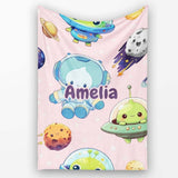 Space Astronaut Alien UFO Planets Meteors Stars Seamless Soft Pink  Personalised Custom Name Super Soft Fleece Blanket Bed Sofa Throw