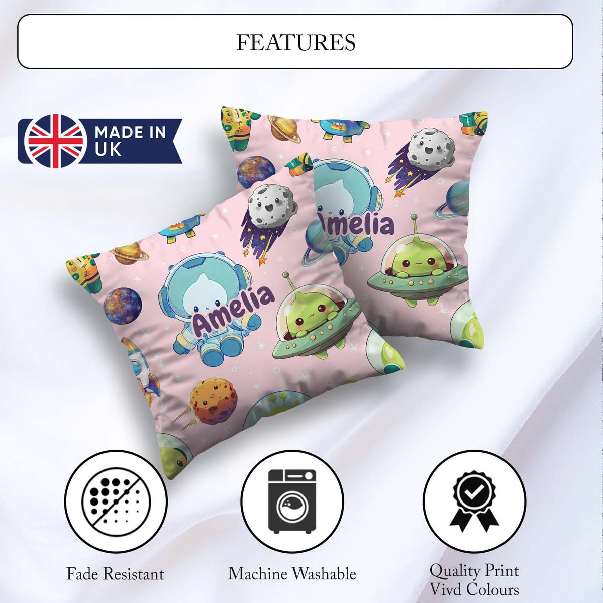 Custom Name Space Astronaut Alien UFO Planets Meteors Stars Soft Square Filled Cushion Throw Pillow Sofa Bed Home Decor Zip Washable UK Made