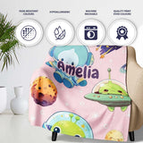 Space Astronaut Alien UFO Planets Meteors Stars Seamless Soft Pink  Personalised Custom Name Super Soft Fleece Blanket Bed Sofa Throw