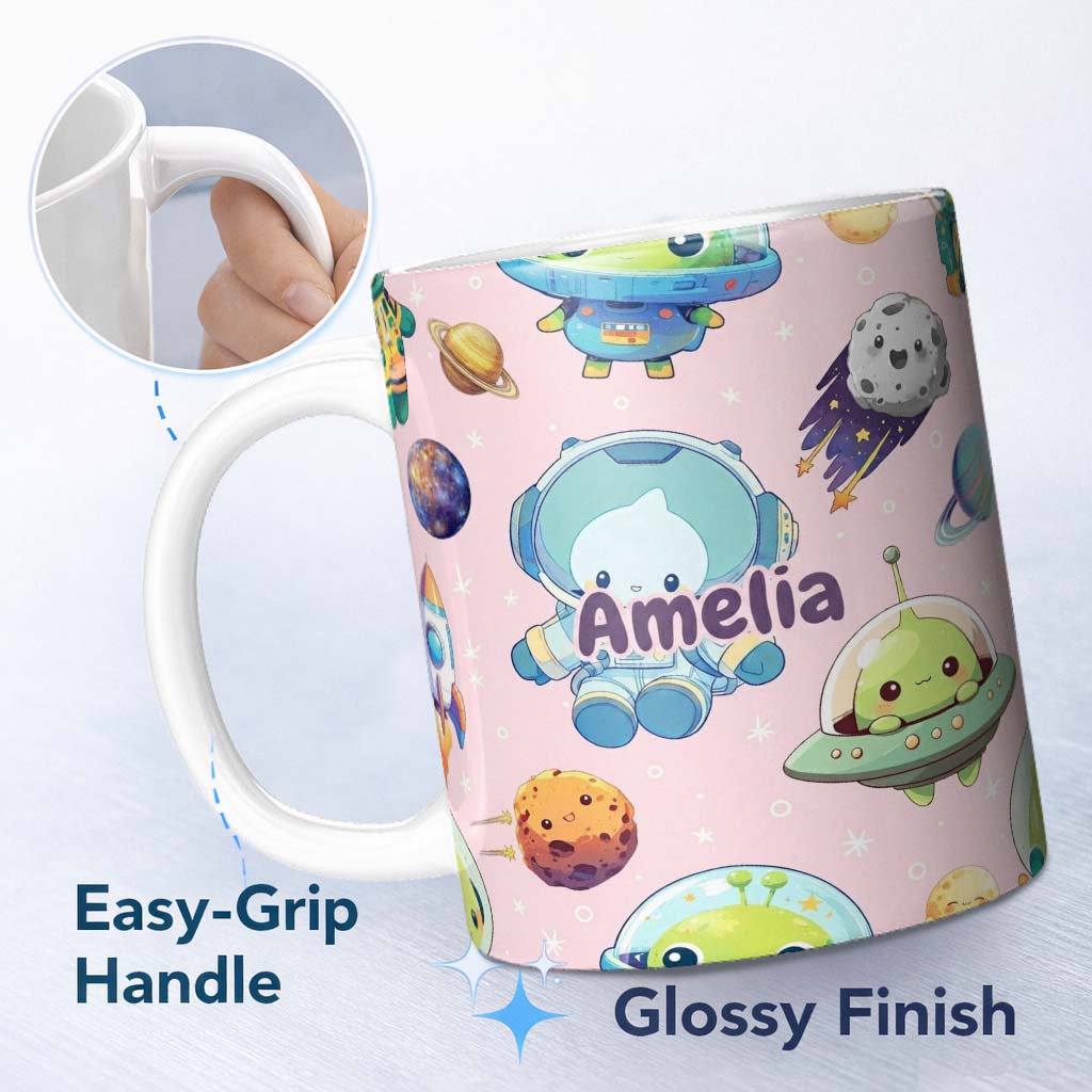 Personalized Custom Name Space Astronaut Alien UFO Planets Meteors Stars Seamless Soft Pink 11oz Ceramic Coffee Tea Mug White Large Handle
