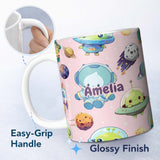 Personalized Custom Name Space Astronaut Alien UFO Planets Meteors Stars Seamless Soft Pink 11oz Ceramic Coffee Tea Mug White Large Handle