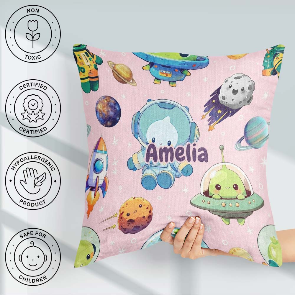 Custom Name Space Astronaut Alien UFO Planets Meteors Stars Soft Square Filled Cushion Throw Pillow Sofa Bed Home Decor Zip Washable UK Made