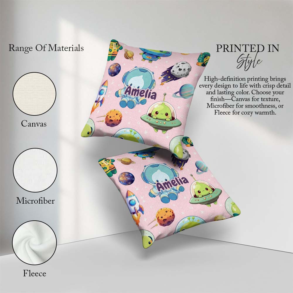 Custom Name Space Astronaut Alien UFO Planets Meteors Stars Soft Square Filled Cushion Throw Pillow Sofa Bed Home Decor Zip Washable UK Made