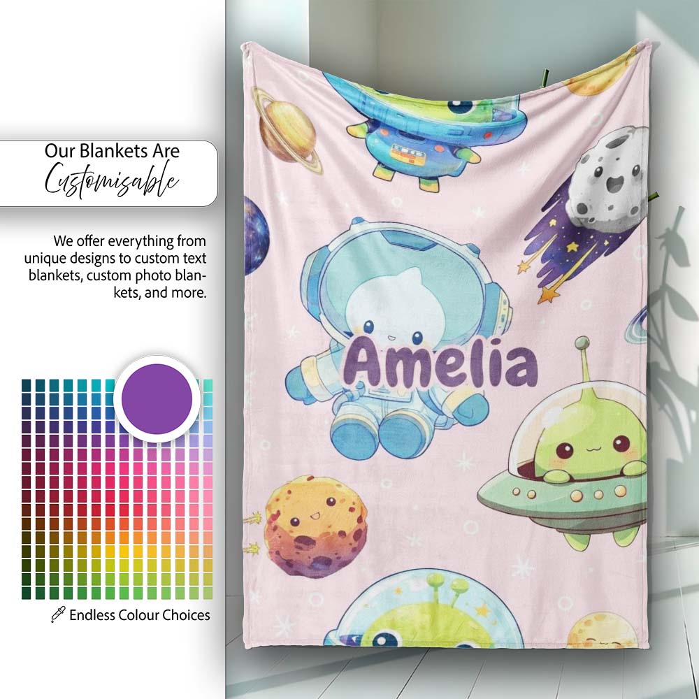 Space Astronaut Alien UFO Planets Meteors Stars Seamless Soft Pink  Personalised Custom Name Super Soft Fleece Blanket Bed Sofa Throw