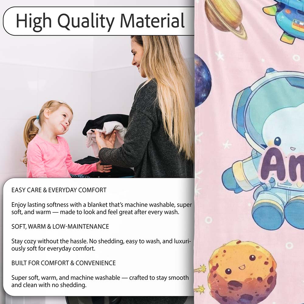 Space Astronaut Alien UFO Planets Meteors Stars Seamless Soft Pink  Personalised Custom Name Super Soft Fleece Blanket Bed Sofa Throw