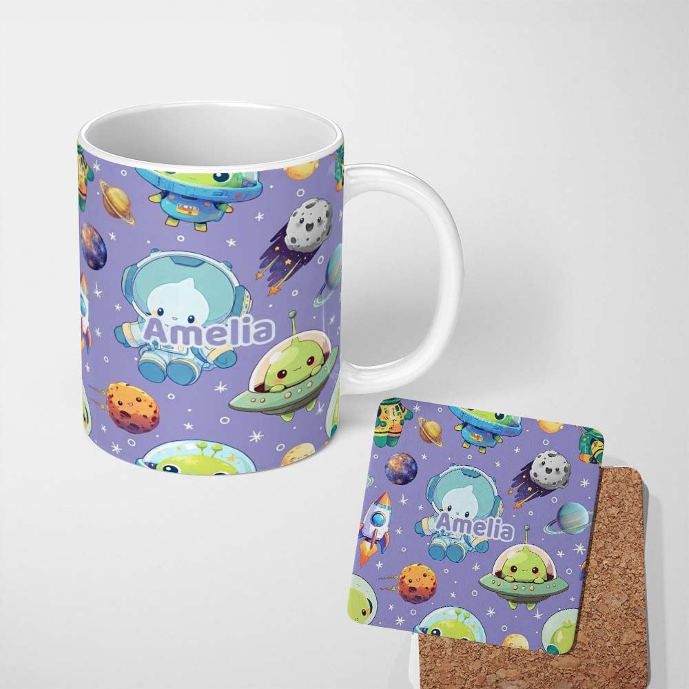Personalized Custom Name Space Astronaut Alien UFO Planets Meteors Stars Seamless Purple 11oz Ceramic Coffee Tea Mug White Large Handle