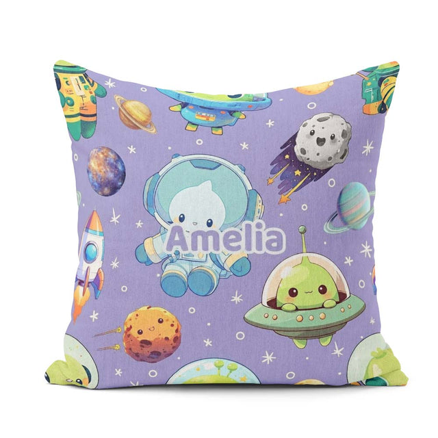 Custom Name Space Astronaut Alien Planets Meteors Stars Seamless Square Filled Cushion Throw Pillow Sofa Bed Home Decor Zip Washable UK Made