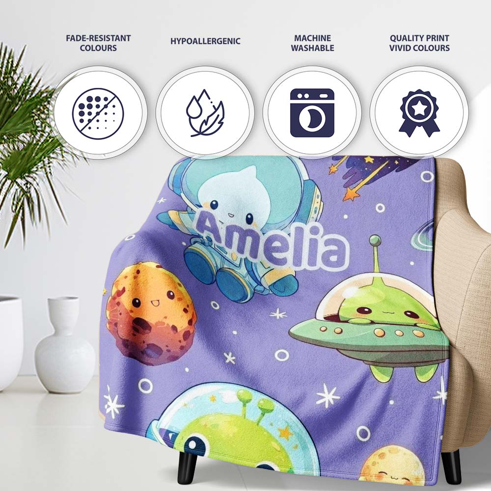 Space Astronaut Alien UFO Planets Meteors Stars Seamless Purple  Personalised Custom Name Super Soft Fleece Blanket Bed Sofa Throw