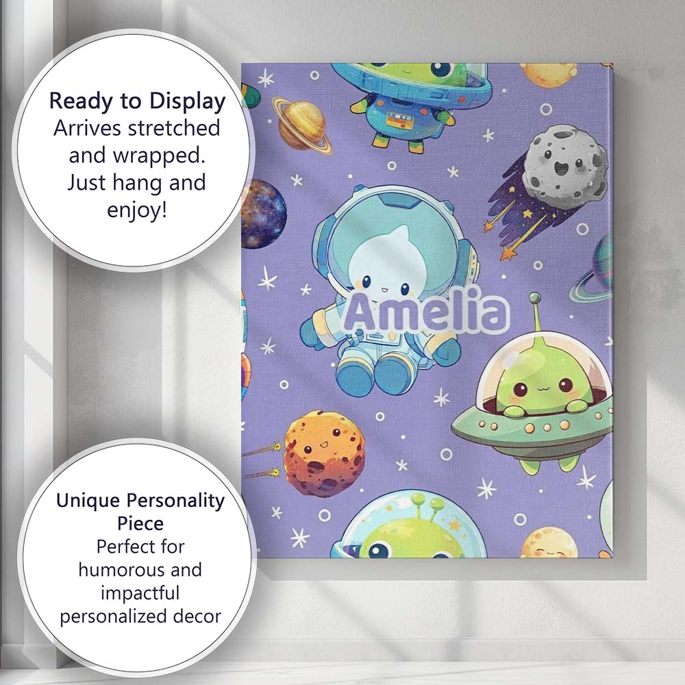Personalised Name Space Astronaut Alien UFO Custom  Bespoke Interior Contemporary Canvas Wall Art Print Decor Picture Ready to Hang