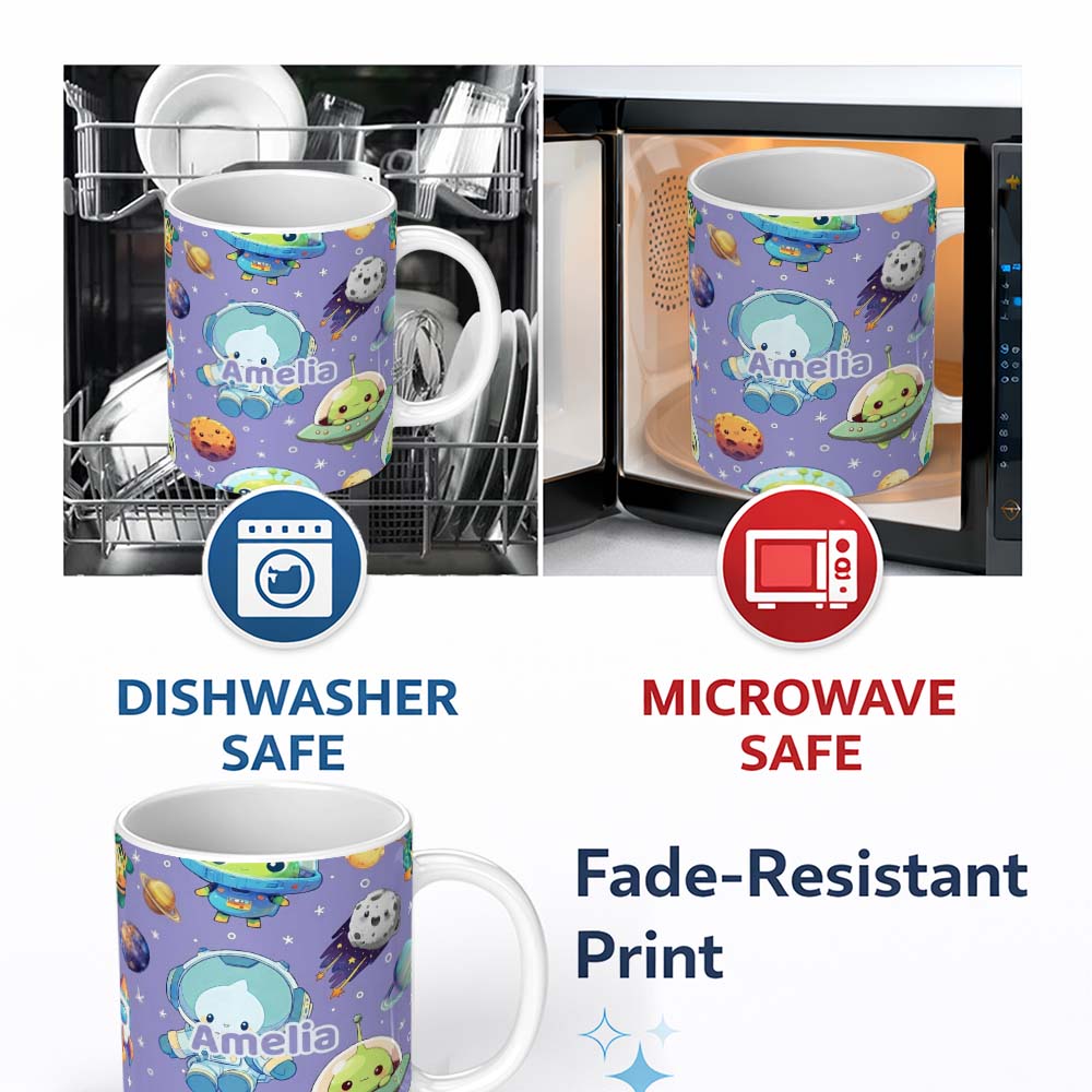 Personalized Custom Name Space Astronaut Alien UFO Planets Meteors Stars Seamless Purple 11oz Ceramic Coffee Tea Mug White Large Handle