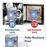 Personalized Custom Name Space Astronaut Alien UFO Planets Meteors Stars Seamless Purple 11oz Ceramic Coffee Tea Mug White Large Handle