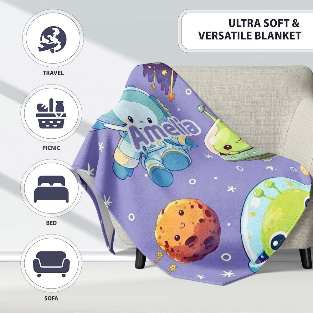 Space Astronaut Alien UFO Planets Meteors Stars Seamless Purple  Personalised Custom Name Super Soft Fleece Blanket Bed Sofa Throw