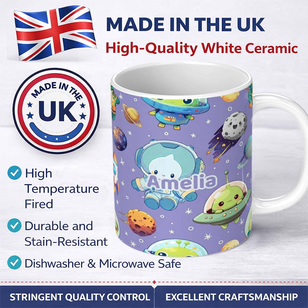 Personalized Custom Name Space Astronaut Alien UFO Planets Meteors Stars Seamless Purple 11oz Ceramic Coffee Tea Mug White Large Handle