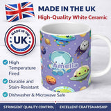 Personalized Custom Name Space Astronaut Alien UFO Planets Meteors Stars Seamless Purple 11oz Ceramic Coffee Tea Mug White Large Handle